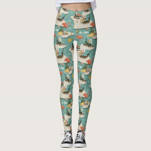 Retro Flamingo Zwembad Zomer Patroon (11) Leggings (Voorkant)