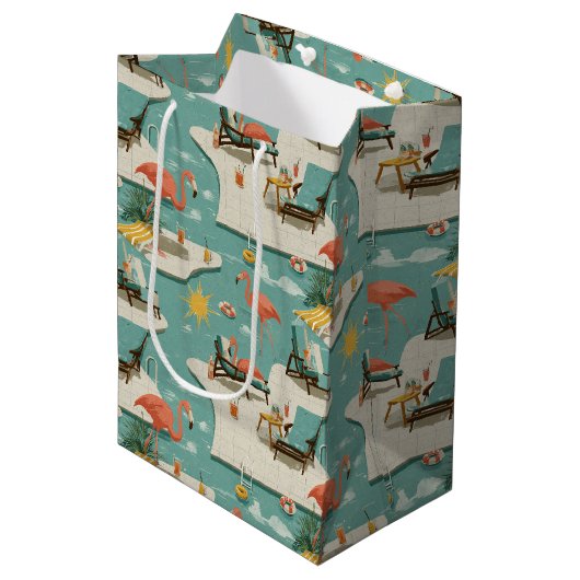 Retro Flamingo Zwembad Zomer Patroon (11) Medium Cadeauzakje (Voorkant Gekanteld)