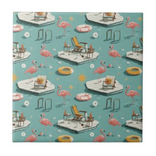 Retro Flamingo Zwembad Zomer Patroon (1) Tegeltje