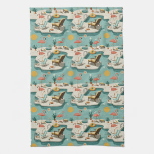 Retro Flamingo Zwembad Zomer Patroon (1) Theedoek