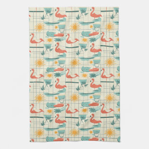 Retro Flamingo Zwembad Zomer Patroon (3) Theedoek