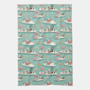 Retro Flamingo Zwembad Zomer Patroon (6) Theedoek