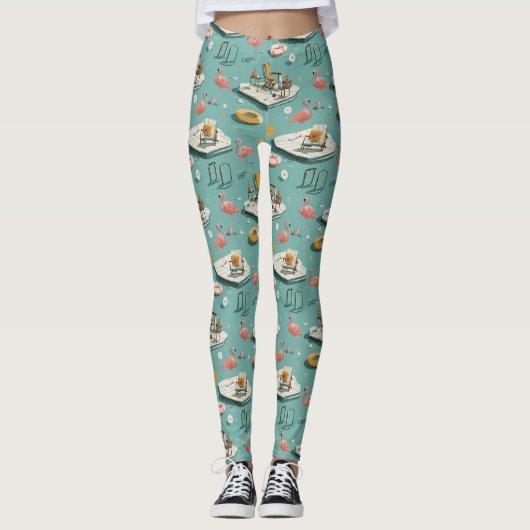 Retro Flamingo Zwembad Zomer Patroon (8) Leggings (Voorkant)