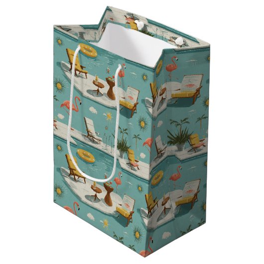 Retro Flamingo Zwembad Zomer Patroon (9) Medium Cadeauzakje (Voorkant Gekanteld)