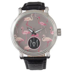 Retro Flamingos Monogram Horloge