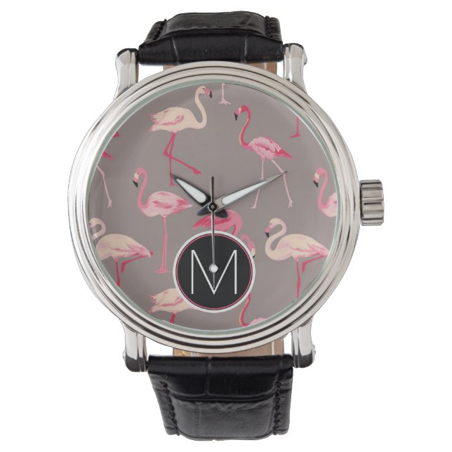 Retro Flamingos | Monogram Horloge (Voorkant)