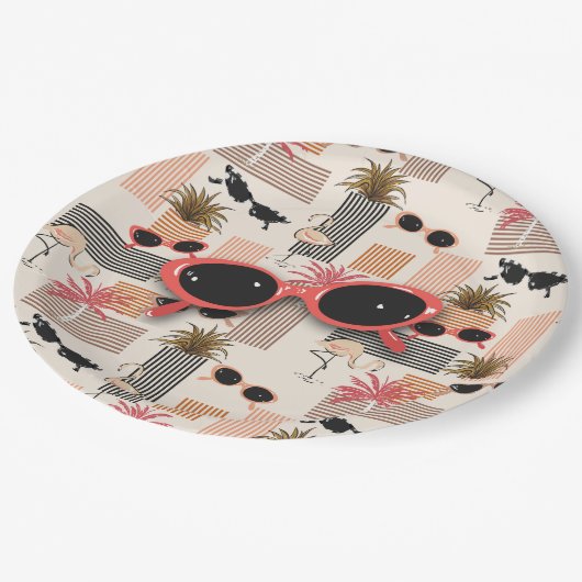 Retro Flamingos Palms en Zonnebril Summer Party Papieren Bordje (Gekanteld)