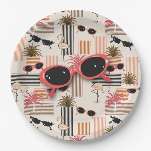 Retro Flamingos Palms en Zonnebril Summer Party Papieren Bordje (Voorkant)