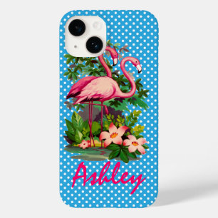 Retro Flamingo's & Polka Dots gepersonaliseerd Case-Mate iPhone 14 Hoesje