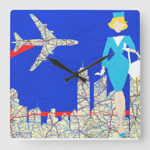 Retro Flight Attendant Wall Clock Vierkante Klok