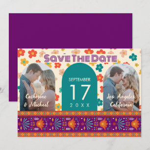 Retro Floral - Aangepast twee foto - Arch Magenta Save The Date