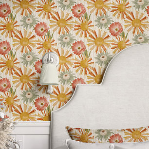 Retro Floral Burst op Beige Behang
