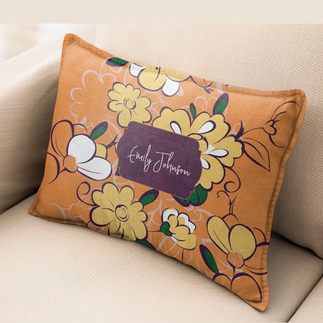 Retro Floral Daisy Orange Autumn Custom Name Accent Kussen (Retro Floral Daisy Orange Autumn Custom Name Accent Pillow)