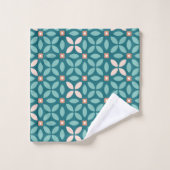Retro Floral Geo Pattern Blauwgroen, Perzikpatroon Bad Handdoek (Wasdoekje)