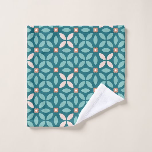Retro Floral Geo Pattern Blauwgroen, Perzikpatroon Bad Handdoek (Wasdoekje)