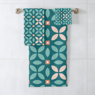 Retro Floral Geo Pattern Blauwgroen, Perzikpatroon Bad Handdoek