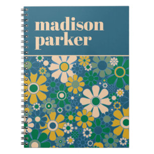 Retro Floral gepersonaliseerd blauw en groen Notitieboek