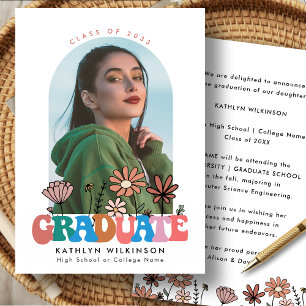 Retro Floral Groovy Script Arch Foto Afstuderen Aankondiging
