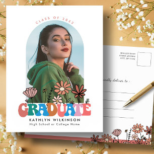 Retro Floral Groovy Script Arch Foto Afstuderen Uitnodiging Briefkaart