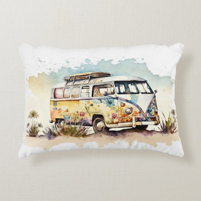 Retro Floral Hippie Bus Accent Kussen (Voorkant)