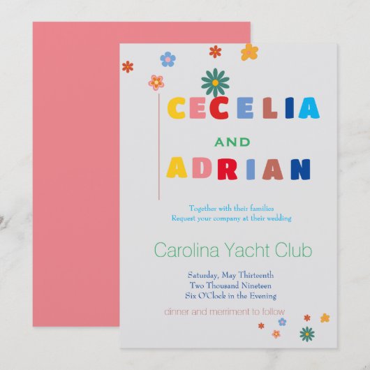 Retro Floral Multicolor Wedding Invitation Kaart (Voorkant / Achterkant)