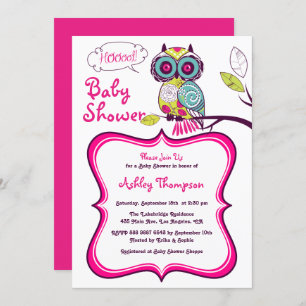 Retro Floral Owl Hot Pink Baby shower Uitnodiging