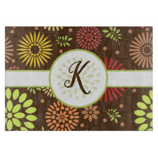 Retro Floral Patroon op bruine monogrammen Snijplank