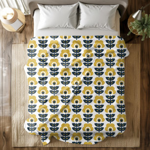 Retro Floral Pattern Navy and Mustard Yellow Fleece Deken