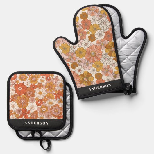 Retro Floral Pattern Ovenwant & Pannenlap Set (Voorkant / Achterkant)