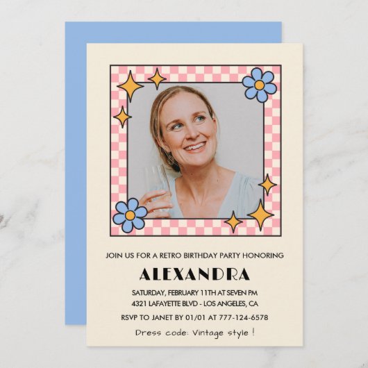 Retro Floral Photo 68e anniversaire invitation Ble (Devant / Derrière)