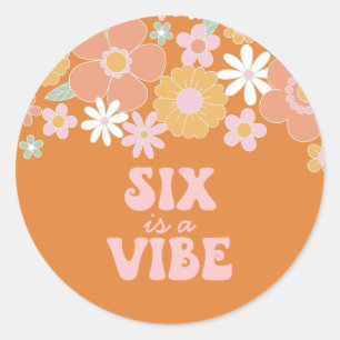 Retro Floral Six is a Vibe 6de verjaardag Ronde Sticker