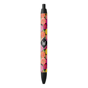 Retro Floral Summer Zinnias Monogram Zwarte Inkt Pen