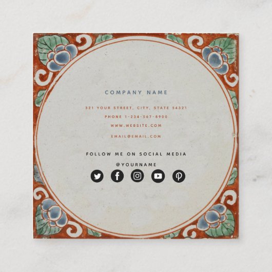Retro Floral Terracotta Tiles Social Media Vierkante Visitekaartje (Achterkant)