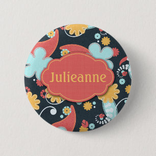 Retro Floral - voeg een naam toe - Ronde Button 5,7 Cm