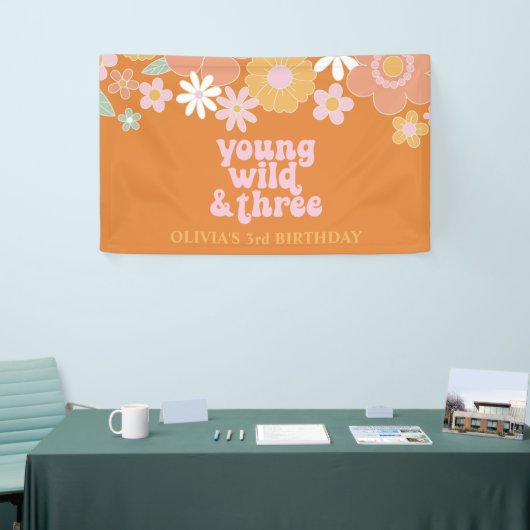 Retro Floral Young Wild Three Birthday Banner (Beurs)