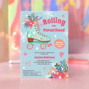 Retro florale blauwgroen roller schaats boho baby  kaart