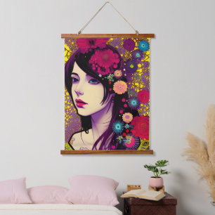 Retro FloralPunk Girl Digital Art Hangend Wandkleed