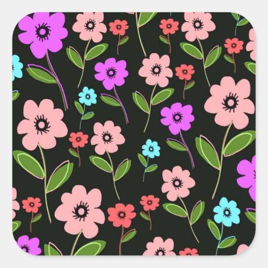 Retro Florals Vierkante Sticker (Voorkant)