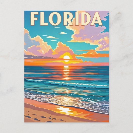 Retro Florida Beach: Geïllustreerde zonsondergang Briefkaart (Voorkant)