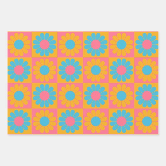 Retro Flower Checkerboard in Yellow and Blue Inpakpapier Vel (Voorkant 3)