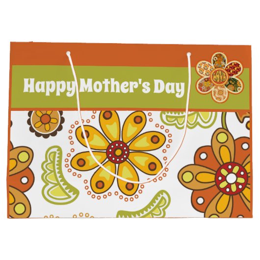 Retro Flower Green Oranje Happy Moederdag Groot Cadeauzakje (Achterkant)