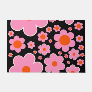 Retro Flower Pattern Black Roze and Oranje Deurmat