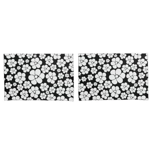 Retro Flower Pattern in White op Black Kussensloop (Voorkant-Set)