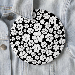 Retro Flower Pattern in White op Black Ronde Button 6,0 Cm