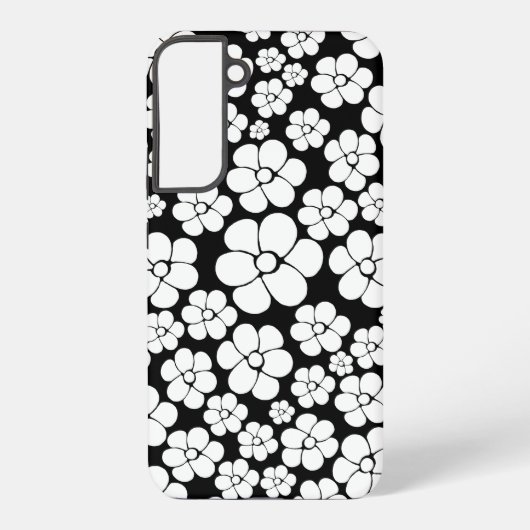 Retro Flower Pattern in White op Black Samsung Galaxy Hoesje (Achterkant)