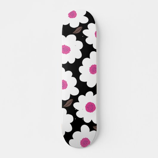 Retro Flower Pattern in White op Black Skateboard (Voorkant)
