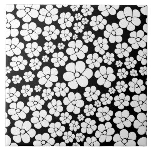 Retro Flower Pattern in White op Black Tegeltje