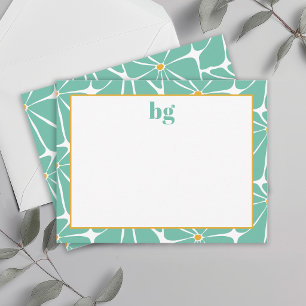 Retro Flower Power Kleurrijke Turquoise Monogram Notitiekaartje