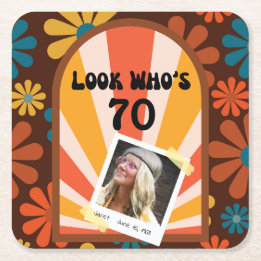 Retro Flower Sunrise Foto Verjaardagspapier Onderz Vierkante Kartonnen Onderzetter