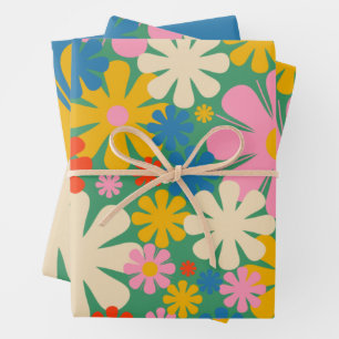 Retro Flowers 60s 70s Colorful Floral Patronen Inpakpapier Vel